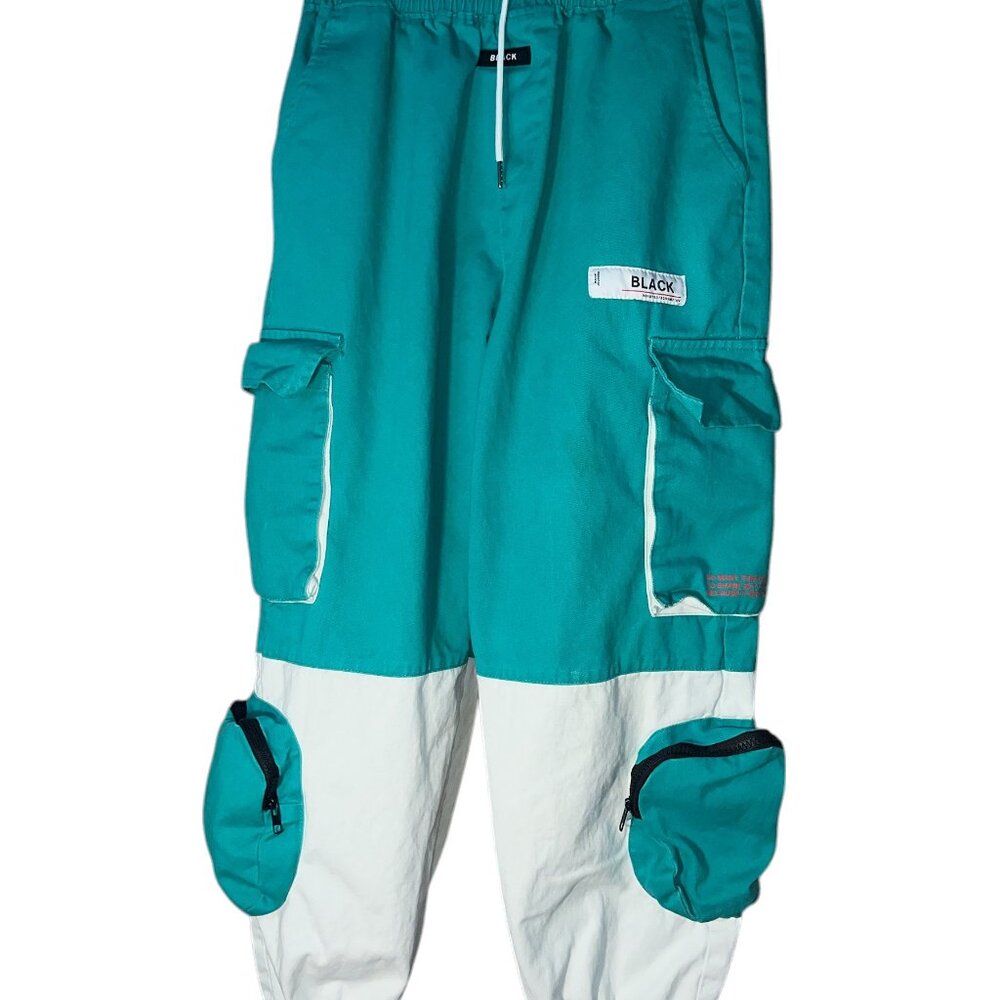 Retro Black Men's Aqua and White Pull On Cargo Pocketed Pants Size 28 USED